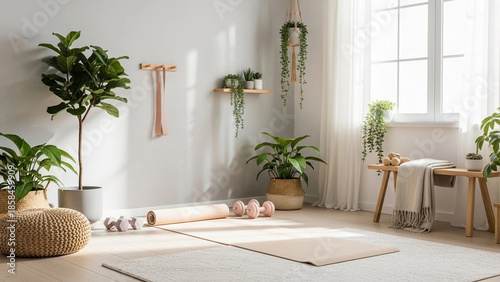 Bright room with plants and exercise equipment for fitness activities in a home space during daytime