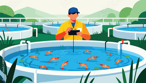 Farmer monitors shrimp in outdoor tanks under a clear sky