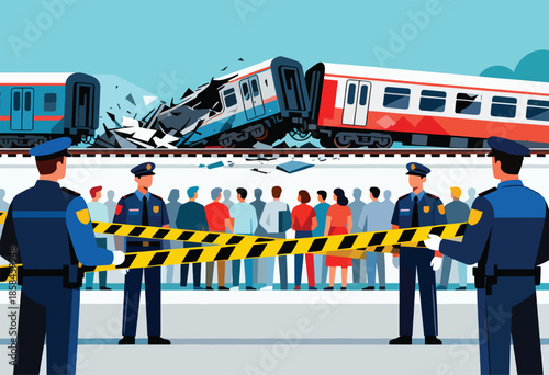 A train derailment scene with authorities cordoning off the area for onlookers