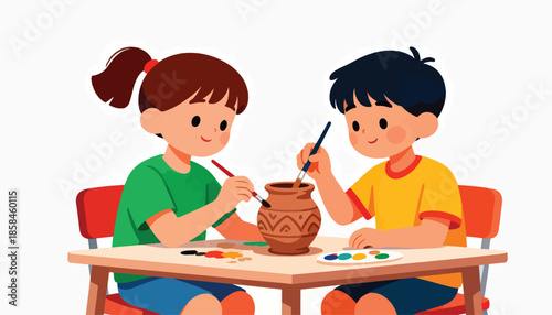 Two children creatively painting an earthen pot at a table