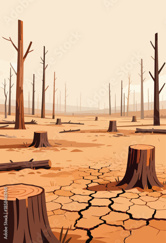 Desolate landscape with tree stumps and cracked dry earth under a hazy sky