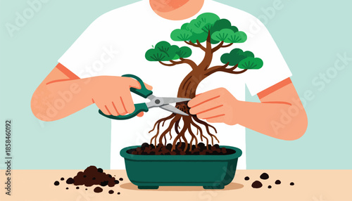 Person pruning roots of a miniature tree in a pot with scissors