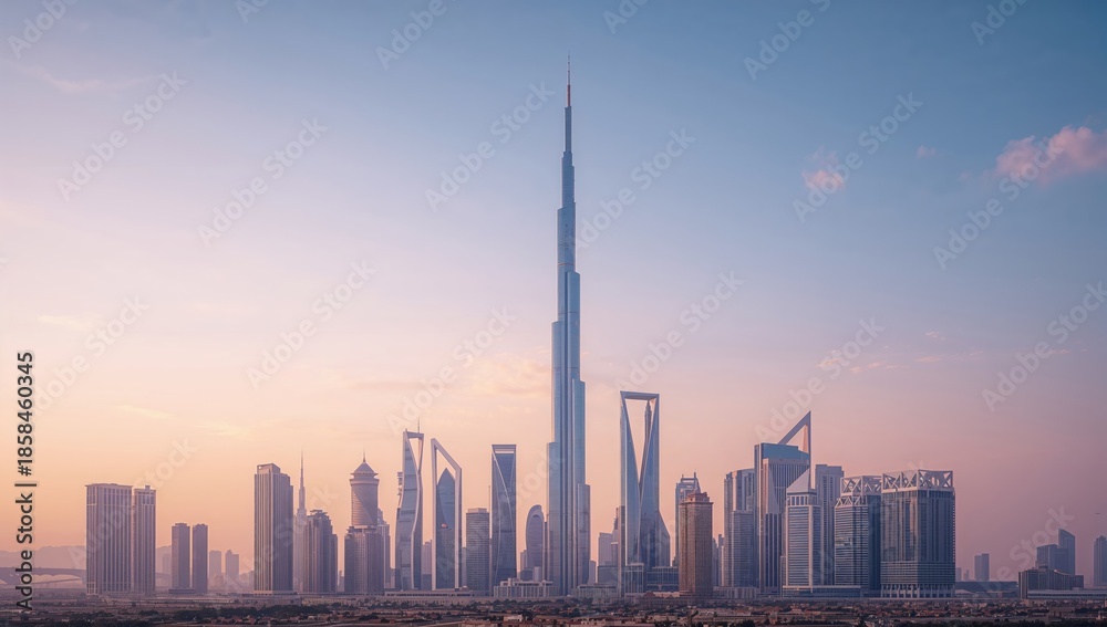 Fototapeta premium Kuwait cityscape featuring tall skyscrapers, architectural design, nighttime illumination, city growth, urban architecture