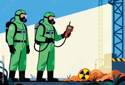 Two people in hazmat suits with a radiation symbol and monitoring equipment