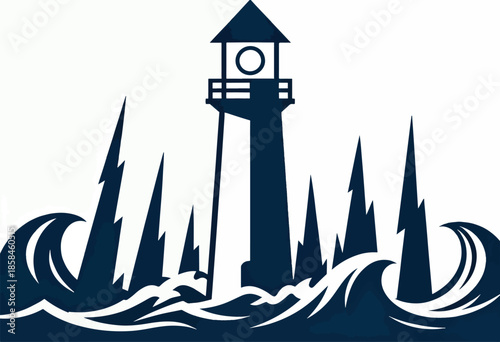 Stylized lighthouse silhouette amidst crashing waves and jagged peaks
