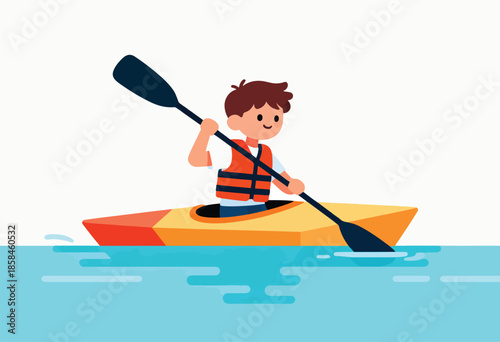 A child in a kayak navigates calm blue waters, gripping an oar, wearing a life vest