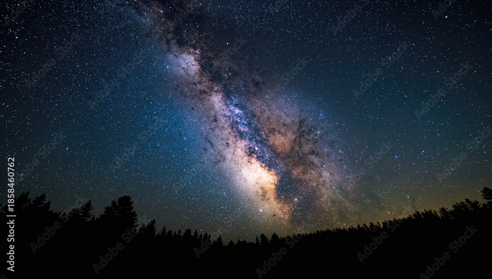 Fototapeta premium Milky Way galaxy spanning a clear night sky, used for editorial header background, Earth Day