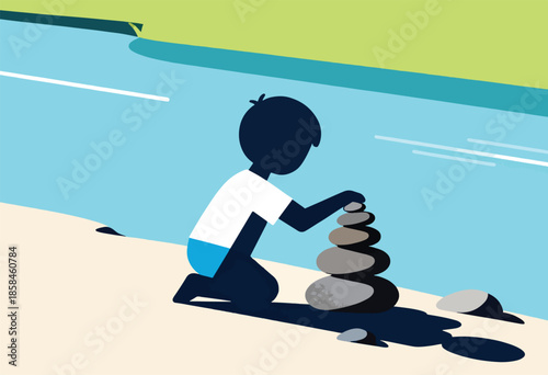 Child stacking stones by the water