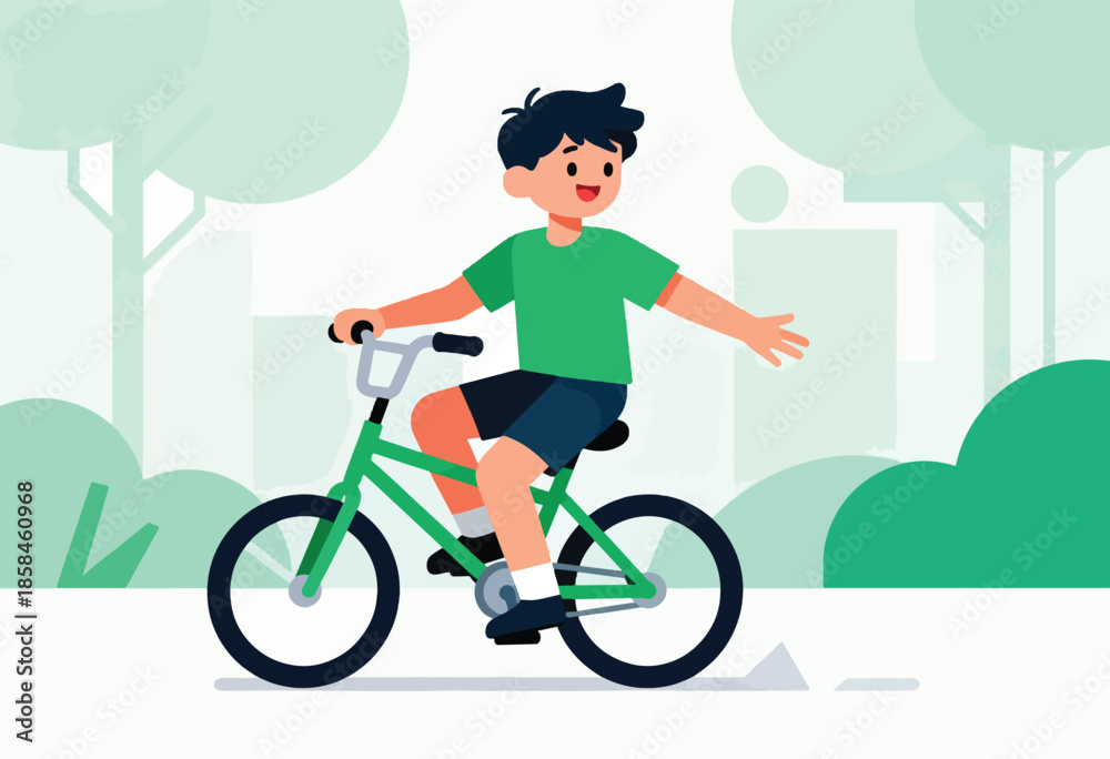 Fototapeta premium Smiling boy in green shirt cycling outdoors on a bright day