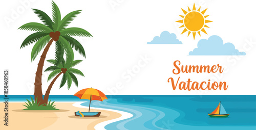 Palm Trees on Tropical Beach with Umbrella.