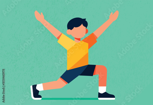 A person with arms outstretched performs a stretching exercise on a textured teal background