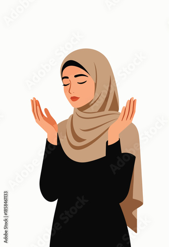 Woman in hijab with eyes closed, hands raised in prayer or supplication