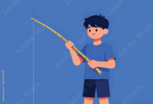 A child happily fishes with a bamboo rod against a solid blue background