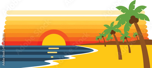 Palm Trees on Sandy Beach at Sunset.