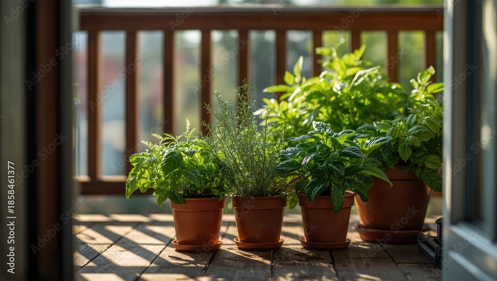 Fototapeta premium Summer scene with potted vegetables and herbs on a balcony, urban home gardening, World Gardening Day