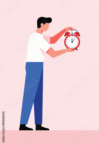 Man holding a retro alarm clock, time, and punctuality