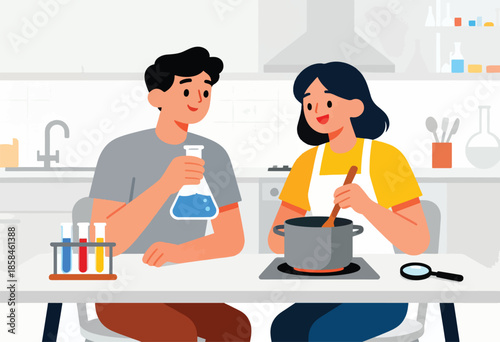 Two people in a kitchen, one stirring a pot, the other holding a flask