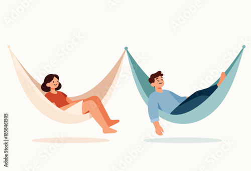Two people relaxing in hammocks, one woman in red, one man in blue