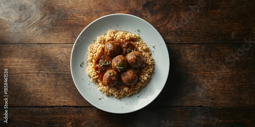 Plate of minced meat balls with mushroom sauce alongside boiled bulgur, highlighting nutritious dinner options