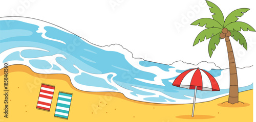 Beach Scene with Palm Tree and Umbrella.