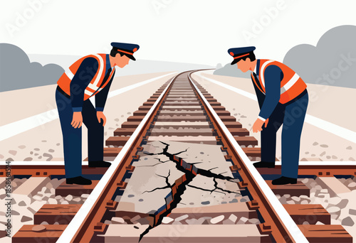 Two workers inspect a large crack on railway tracks
