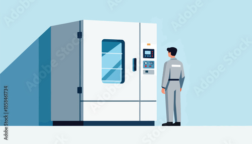 Technician in gray uniform stands before a large white industrial testing chamber