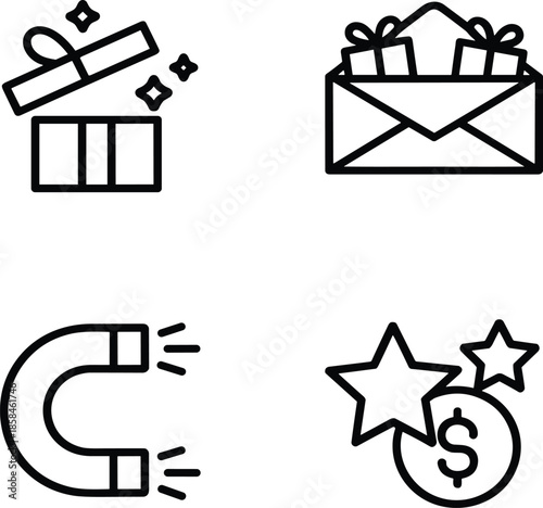 Customer loyalty and reward icon set: open gift box, surprise present in envelope, magnetic attraction, and star bonus