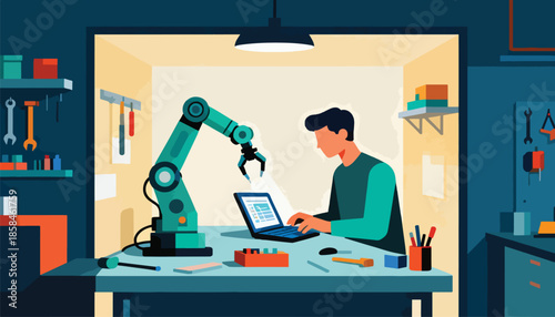 Person programming robotic arm on laptop in a workshop