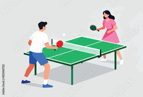 Two individuals playing a game of table tennis on a green table