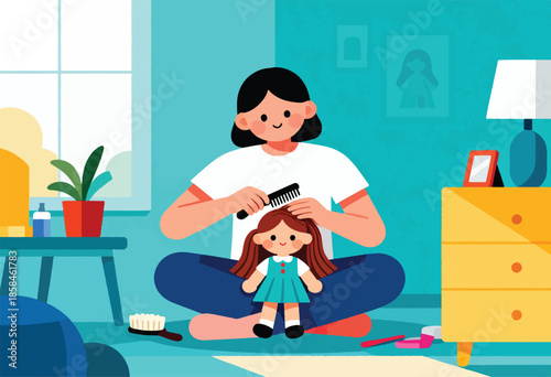 Person combs doll's hair in a room with a window, plant, and dresser