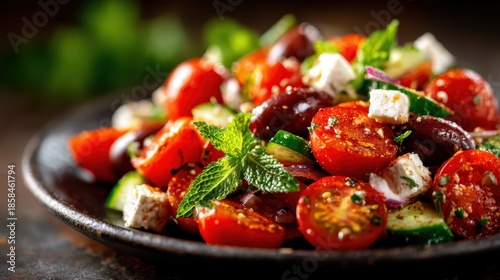 A colorful Mediterranean salad composed of fresh tomatoes, cucumbers, olives, and herbs, served on a rustic plate exhibiting vitality and health.