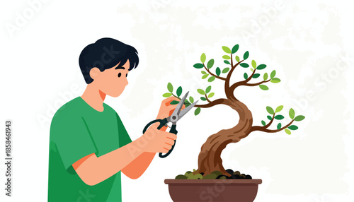 Person carefully trims a small, stylized tree in a pot with scissors