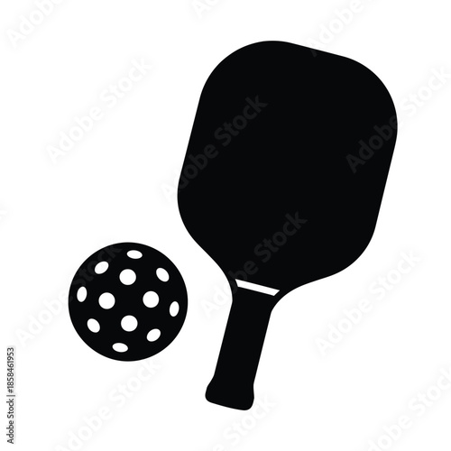 a simple black and white illustration depicting a pickleball paddle and a perforated ball representing the sport s essential equipment