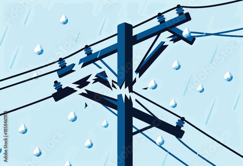A damaged utility pole is struck by lightning amidst falling rain