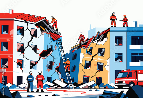 Rescuers in action at a damaged building, with rubble and a fire truck