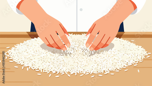 Hands sifting through a pile of white rice on a wooden surface