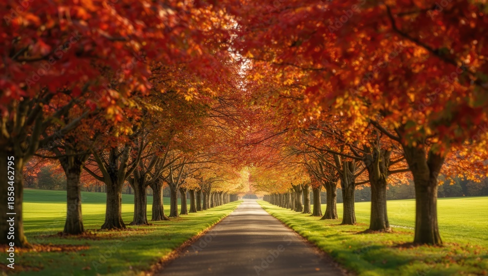 Fototapeta premium Deciduous trees shedding leaves in fall, urban park landscape
