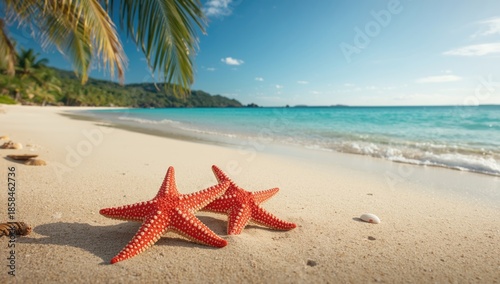 Beach scene with two starfishes on the sand, summer holiday setting for promotional use