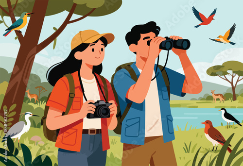 Two people explore nature, one with binoculars, the other with a camera, observing wildlife