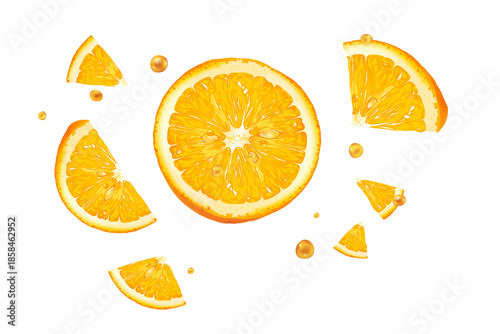 Fresh orange fruit slices and juice droplets floating with vibrant healthy summer energy isolated vector illustration