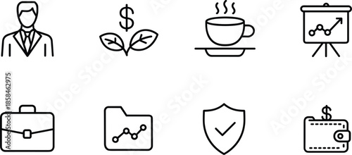Professional business and financial growth icon set: businessman profile, money plant, hot coffee mug, and data folder symbols