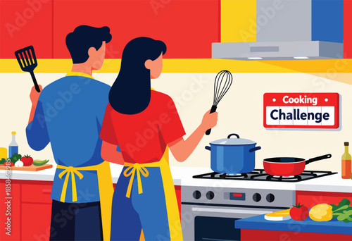 Two people in aprons cooking in a kitchen, a "Cooking Challenge" sign displayed