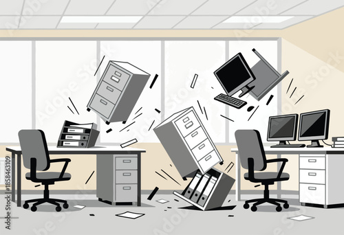 Chaos in the office as furniture and equipment fly through the air
