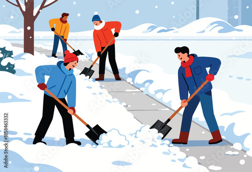 Four people shoveling snow from a sidewalk on a winter day