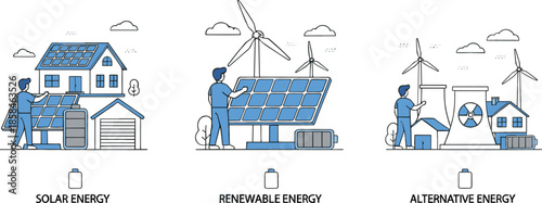 Renewable energy vector set featuring solar panels on house roof wind turbines alternative power and sustainable green technology concepts