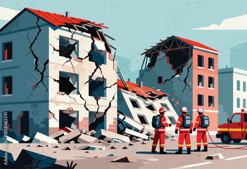 Rescuers in uniform survey damage to collapsed buildings with rubble