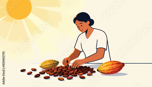 Person sorting roasted cacao beans outdoors under bright sunshine with pods