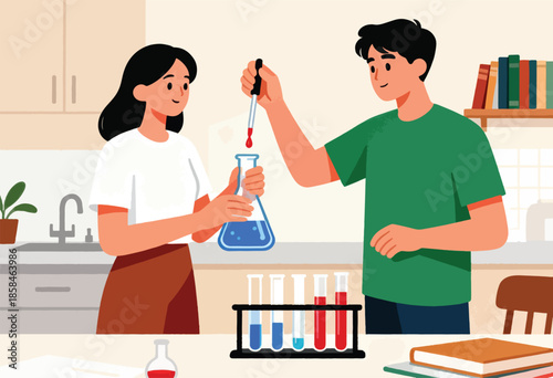 Two young people are conducting a science experiment in a bright, modern lab