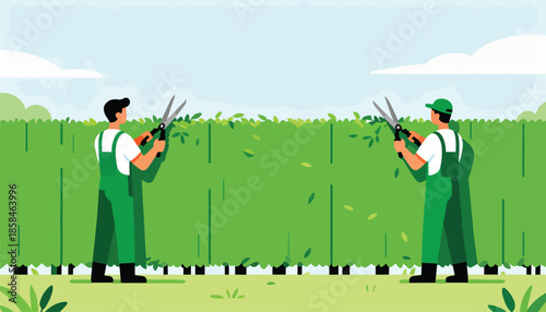 Two gardeners trim a large green hedge with scissors on a sunny day