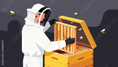 Beekeeper in protective suit tends to beehive with flying insects